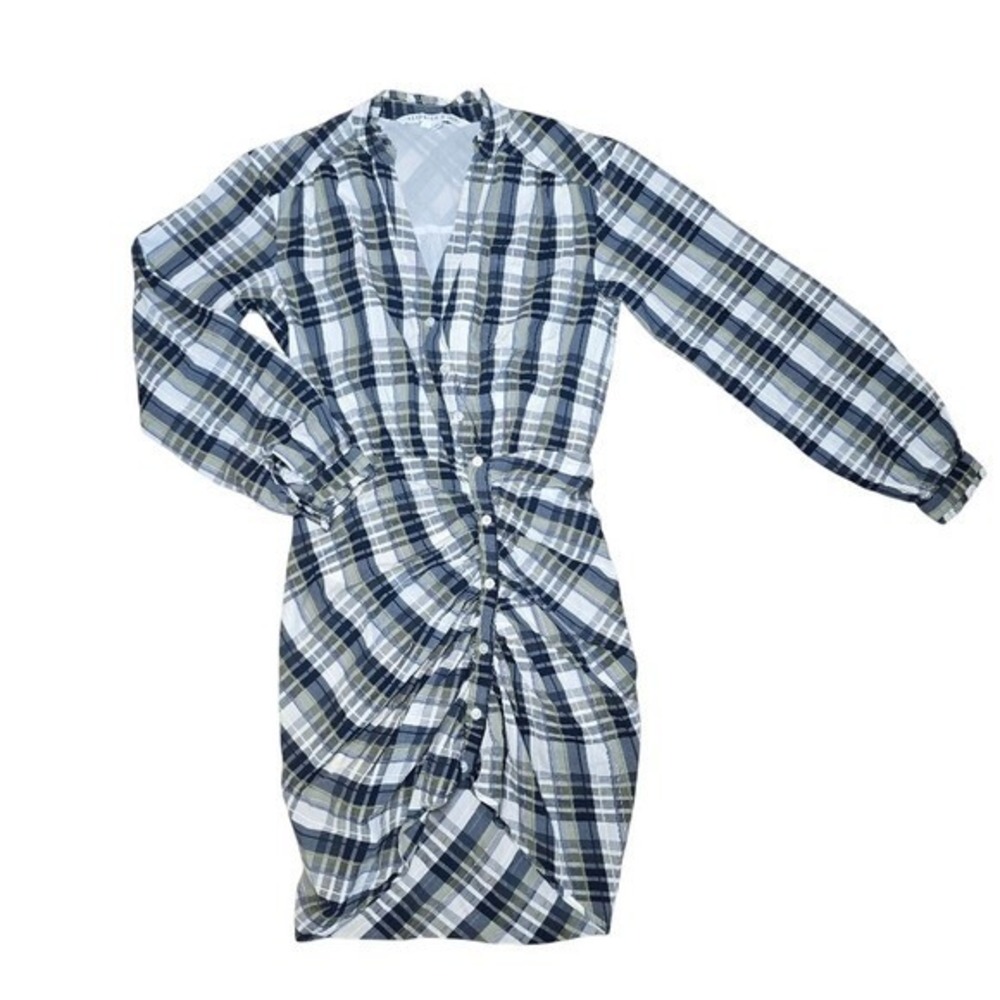 Veronica Beard Plaid Ruched Front Shirt Dress Navy Olive Green Size 2 - Picture 2 of 11